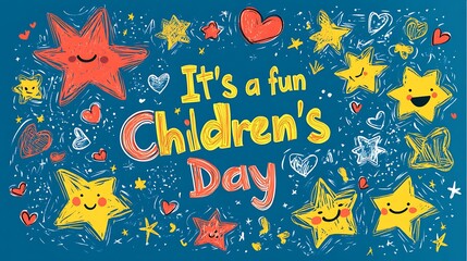 Flat vector illustration in hand-drawn crayon style, a circular crayon-sketched border in red, yellow, and blue surrounds the handwritten text "It's a fun Children's Day", doodles of stars,
