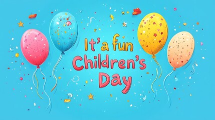 Flat vector illustration of balloon-shaped hand-drawn letters spelling "It's a fun Children's Day", each letter a different color, floating upward with curved string tails, soft blue background,