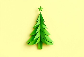 Obraz premium Folded paper Christmas tree, vibrant green origami style, simple elegant design, tradition, festive