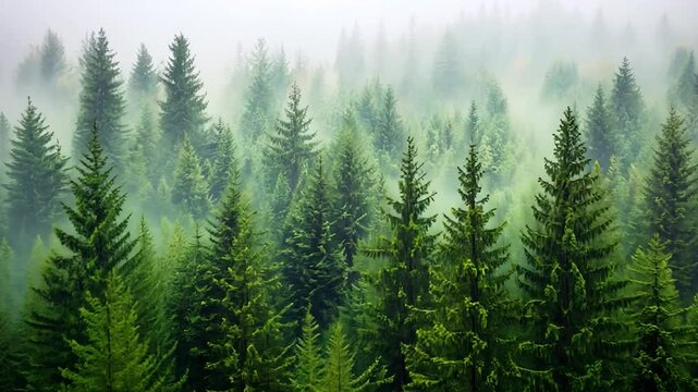 Dense green pine forest landscape with foggy atmosphere evergreen nature scenery