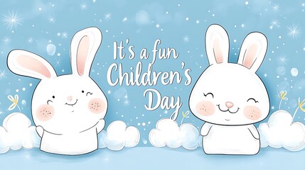 Simple vector logo with bear and bunny in hand-drawn flat style peeking from behind cheerful handwritten text "It's a fun Children's Day",