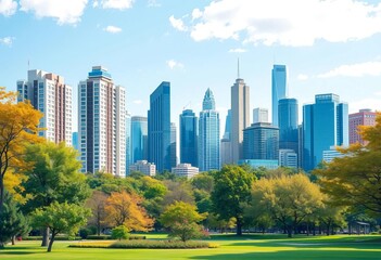Obraz premium Modern cityscape, high-rise buildings viewed from a city park Flat vector illustration, urban landscape, glass buildings