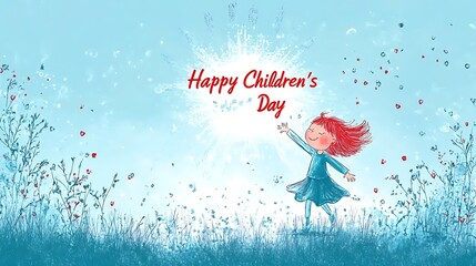 Vector flat illustration with centered red calligraphy "Happy Children’s Day", small ink-style drawing of a dancing child under a shining stylized sun above the text, light blue pastel background,