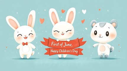 Vector flat lay of cartoon bunny, bear, and cat mascots walking together, smiling under a red waving ribbon banner that reads "First of June, Happy Children's Day", clean light blue background,