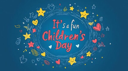 A 2D flat vector logo with rough crayon-drawn circular frame, fun doodle icons like stars, hearts, and happy faces decorating the edge, center text in handwritten red font "It's a fun Children's Day",