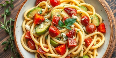 Creamy avocado pasta salad with Italian herbs, pasta, guacamole