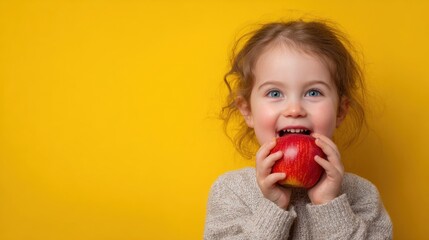 Adorable Little Girl Playfully Holding a Bright Red Apple in Her Mouth Radiating Joy and Innocence in a Bright and Cheerful Outdoor Setting