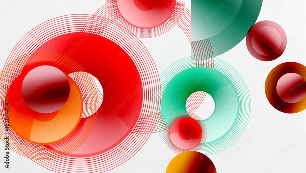 Aufkleber Abstract composition. Red, green, orange circles overlap. Lines create dynamic visual effect. Modern design elements present.