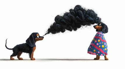 Cute Dachshund Cartoon Character With Smoke and Colorful Cloak