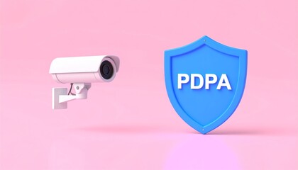 Fototapeta premium Cctv camera with shield and personal data protection text on a pink background representing security measures