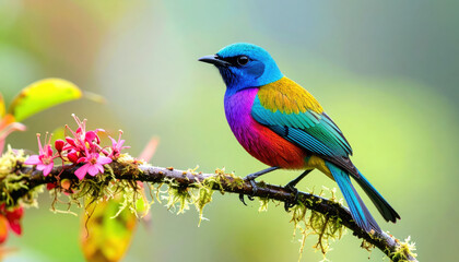 Colorful songbird perched on delicate branch with vibrant feathers, surrounded by soft background and blooming flowers, evoking peaceful and lively mood