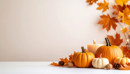 Autumn maple leaves, pumpkins, acorns, pinecones, and candles create cozy seasonal background with warm orange tones, perfect for fall celebrations and Thanksgiving decor