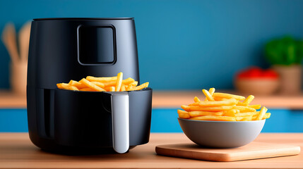 Modern air fryer with crispy french fries, stylish kitchen appliance