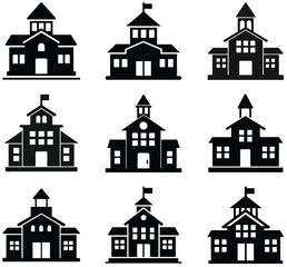Fototapeta premium Simple Black and White School Building Icons Set