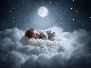 A Peaceful Baby Sleeping Comfortably on a Soft Cloud Surrounded by a Starry Night Sky Evoking Calmness and Dreamy Serenity in a Magical Atmosphere