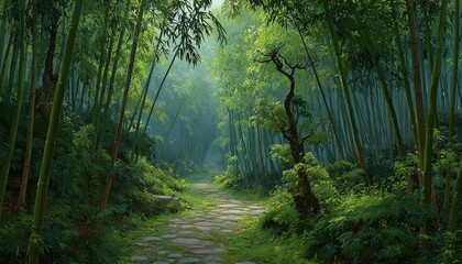 Naklejka premium Calming rhythms of winding trails through serene bamboo forests, the quiet atmosphere perfect for reflection. High quality