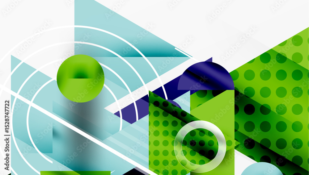 Poster Abstract geometric composition. Blue, green hues dominate. Circles, squares overlap creating dynamic visual effect. Modern design elements present.