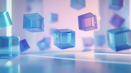 A calming digital space where transparent 3D cubes in shades of blue, indigo, and violet gently float above a smooth white surface, with ambient lighting effects giving the scene a dreamy atmosphere,