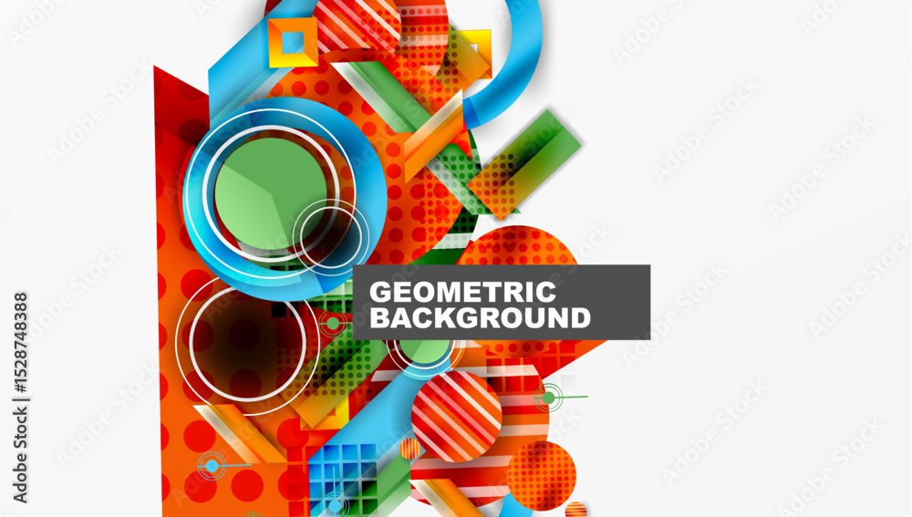 Aufkleber Abstract geometric composition. Bright colors, overlapping shapes create dynamic visual effect. Modern design elements present.