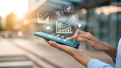 Person using smartphone with digital marketing icons