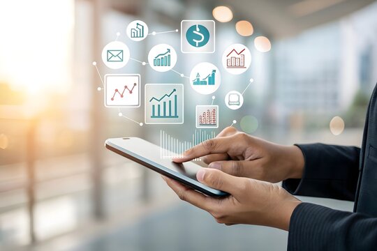 Businessperson analyzing financial data on tablet