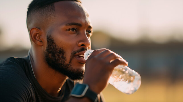 Black runner hydrating in park, fitness tracker showing stats