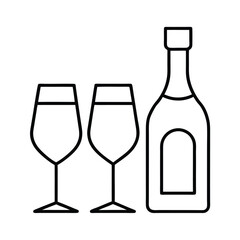 Wine bottle and two glasses line drawing illustration