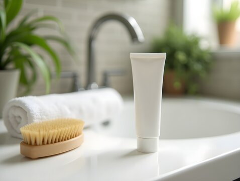 In a serene home setting, a white baby cream tube rests on a bathroom vanity next to a rolled towel and a natural bristle brush surrounded