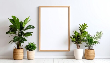 Home interior featuring a poster mock-up framed with vertical wood and ornamental plants in stylish pots