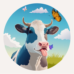 A happy cow standing in a sunny field with butterflies, drawn in a bright and playful cartoon style.