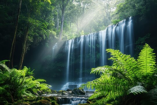 Stunning waterfall cascading through lush rainforest in Tasmania during daylight, Jungle rainforest waterfall Tasmania travel nature background Montezuma falls