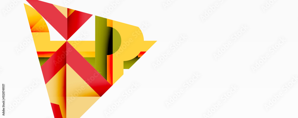 Poster abstract geometric shapes overlap, creating dynamic composition. warm colors dominate, with contrast
