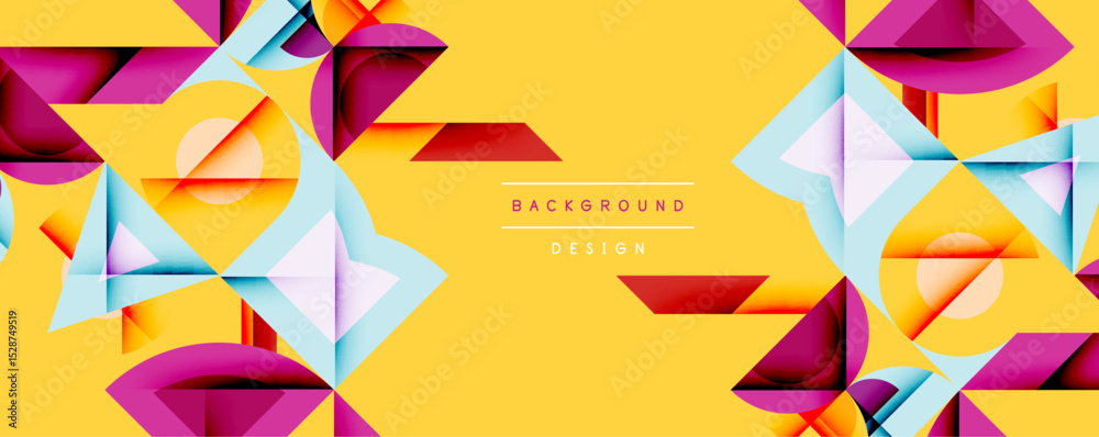 Poster Abstract geometric shapes overlap yellow backdrop. Vivid colors create dynamic visual texture. Modern design elements present clean aesthetic.