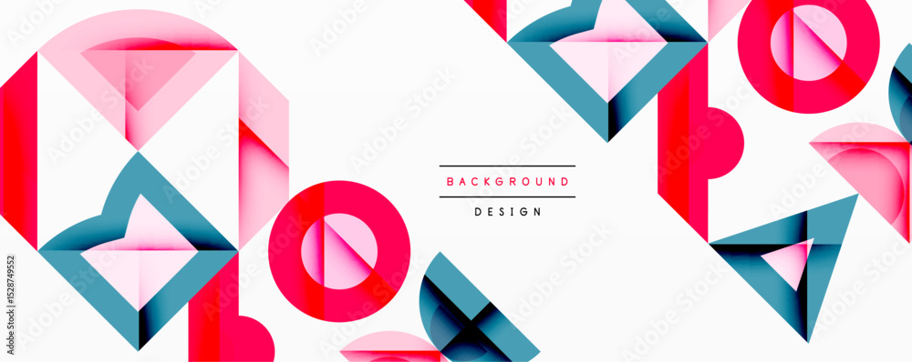 Poster abstract geometric shapes overlap, creating vibrant visual texture. pink, red, teal colors dominate 