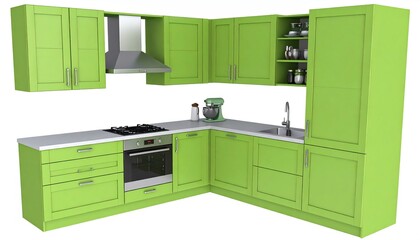 Elegant kitchen interior featuring vibrant green cabinets and modern design elements in a 3d rendered environment