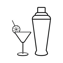 Cocktail shaker and martini glass line drawing illustration