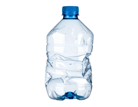 Crushed empty plastic bottle with blue cap isolated on white background, symbolizing pollution, recycling, and environmental awareness.