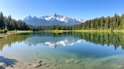 Fototapeta premium Pristine Lake Reflection, serene waters mirroring lush forests and majestic mountains, symbolizing the beauty of environmental preservation