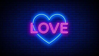 Captivating neon sign displaying the word love with heart imagery on a dark background perfect for romantic themes