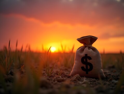 Money bag on a farm at sunset. A burlap sack with a dollar sign stands in a field of crops under a vibrant sunset sky.