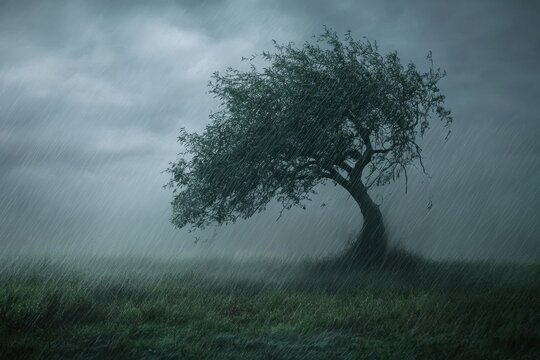 Strong tree bending in heavy rain and wind during a stormy evening, Tree In Heavy Rain And Wind On Stormy Evening