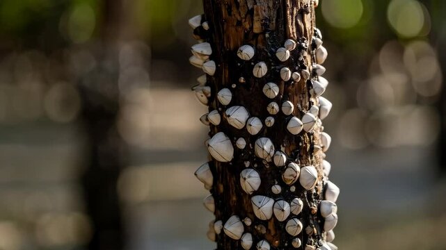 Close-up of Gooseneck Barnacles attached to wooden post, detailed macro of crustaceans showing shells and stalks in natural outdoor environment.