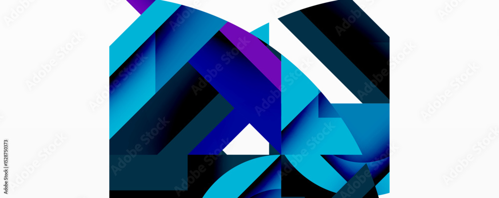 Poster abstract geometric shapes, vibrant blues, purples dominate composition. sharp angles, dynamic interp