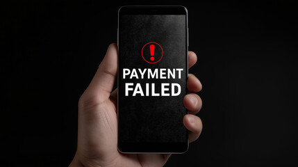 A person holding a phone displaying a payment failed notification with a red exclamation point icon