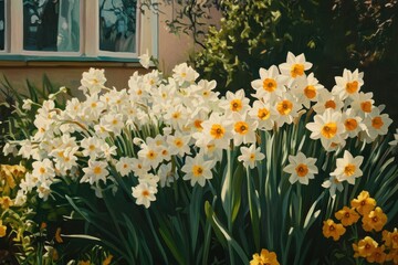 Fototapeta premium Jonquils. Spring Flowers Blooming in Nature Garden with Hyacinths and Daffodils