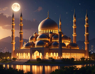 Majestic Mosque Ramadan Banner: Celebrate Islamic Holy Month with this stunning generative AI artwork. Perfect for social media, websites, and print