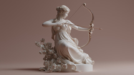 Statue of greek goddess artemis with bow and arrows isolated on color background, Ancient greek god white sculpture 