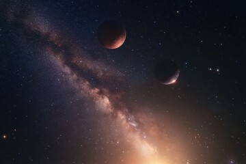 Obraz premium Majestic view of planets and the Milky Way in the expansive starry night sky, Planets and the Milky Way in the deep starry sky, flying in the nebula of the universe