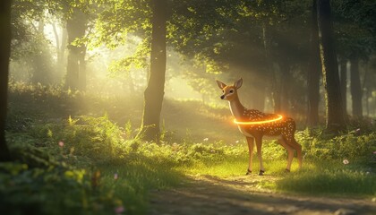 Magical Fawn with Glowing Ring in Sunlit Forest Clearing Golden Hour Fantasy Nature Wildli