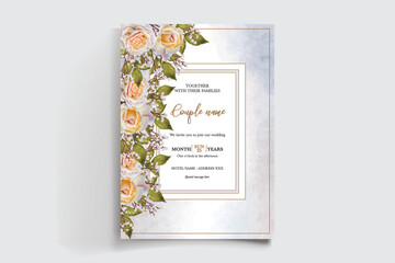 WEDDING INVITATION FRAME WITH FLOWER DECORATIONS AND FRESH LEAVES